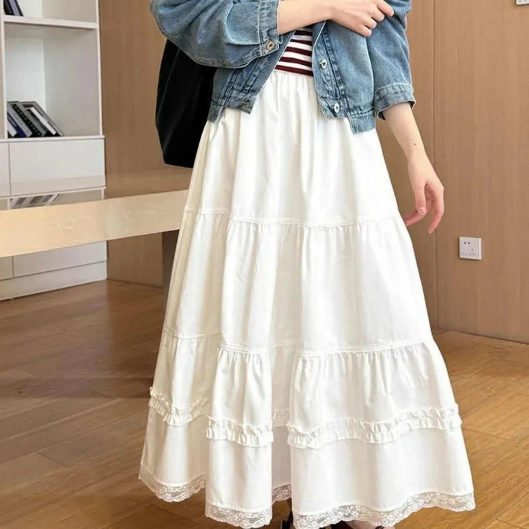 Korean Chic Lace Patchwork Long Skirt Women Summer High Waist A Line White Cake Skirts Woman All Match Midi Skirt Female Basics