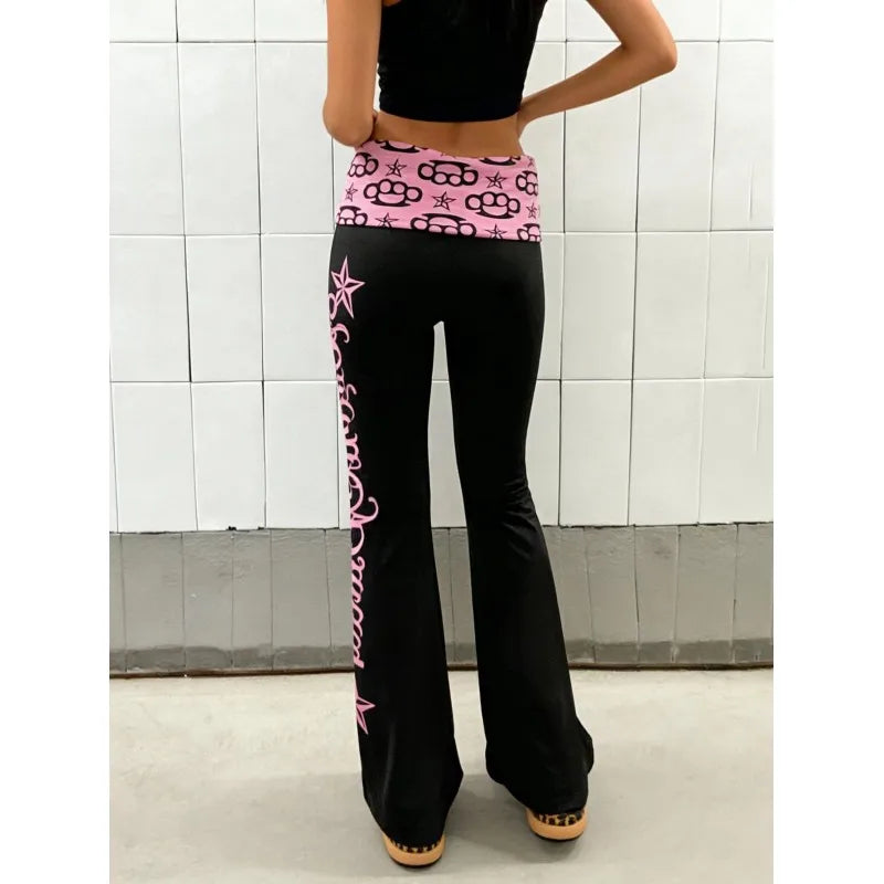 Retro Hot Girl Black Pink Contrast Low Waist Flared Pants Printed Slim Fit Bell Bottoms Millennium Style Streetwear Trousers