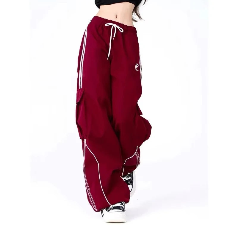 Y2K Black Striped Women Cargo Pants Korean Fashion Wide Leg Baggy Trousers Streetwear Autunm Harajuku Hip Hop Oversized Loose