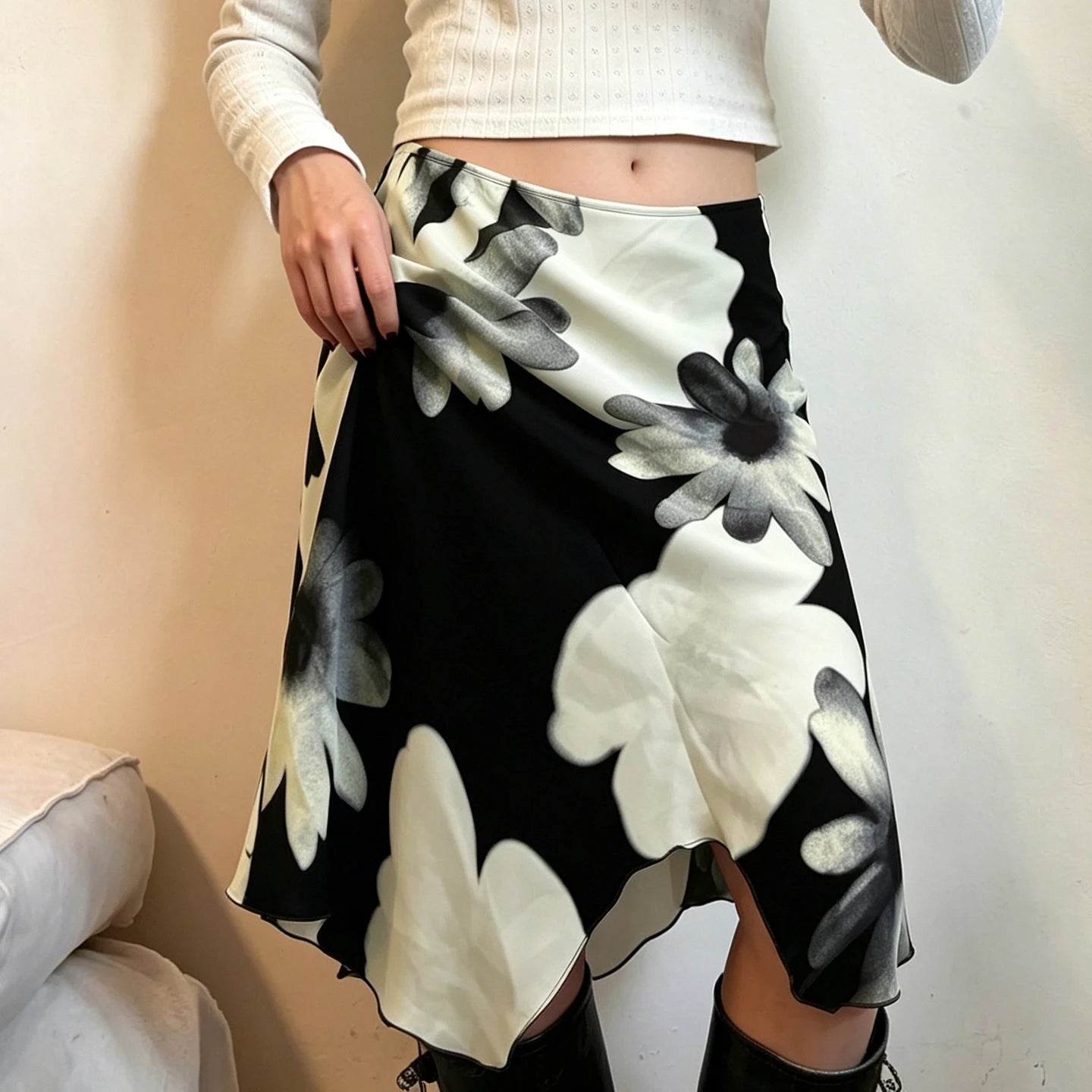 SUCHCUTE Y2K Floral Print Mesh Asymmetrical Skirt Woman Low Rise Midi A-line Skirts Aestheics 2000s Clothing Summer Outfit 2026