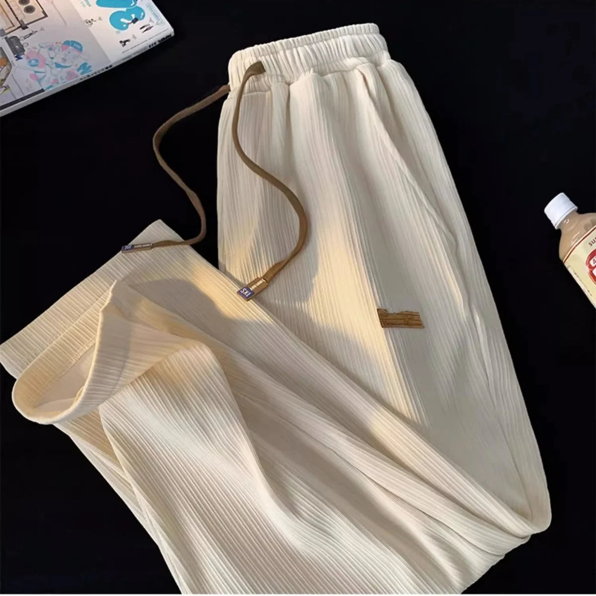 Solid Women's Straight Pants Elastic Waist Drawstring Pocket Retro High Waisted Sports Clothes Ladies' Loose Commuting Trouser