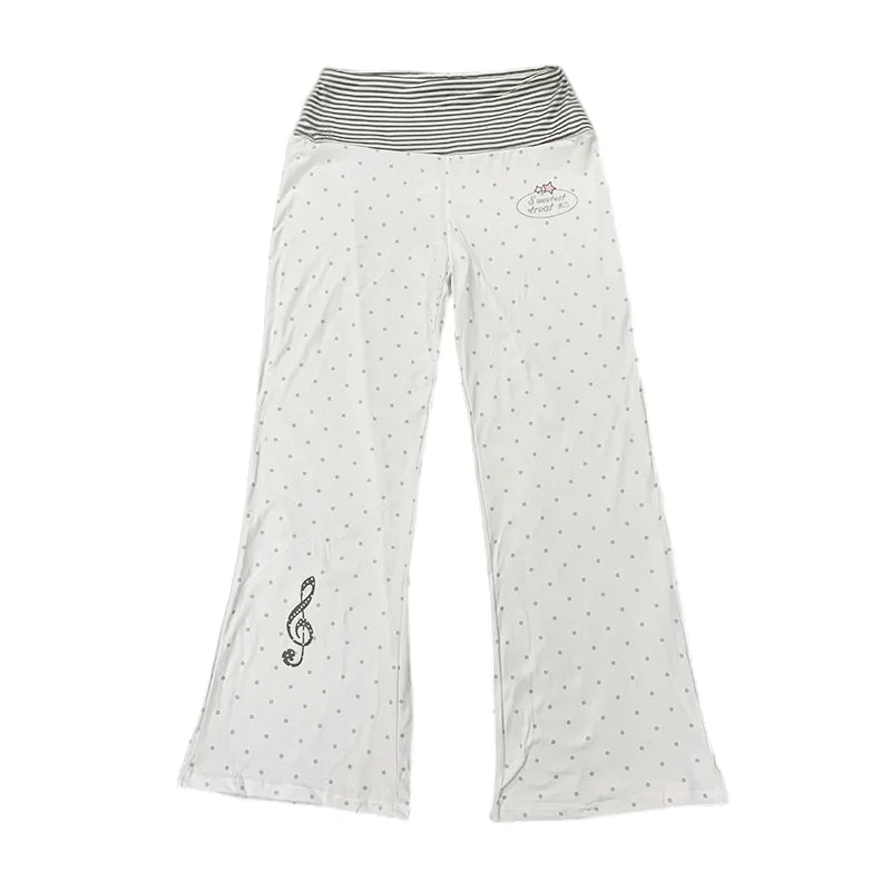 Spring Sports White Polka Dot Printed Micro Flared Pants Casual Comfortable Home Loose Bottoms