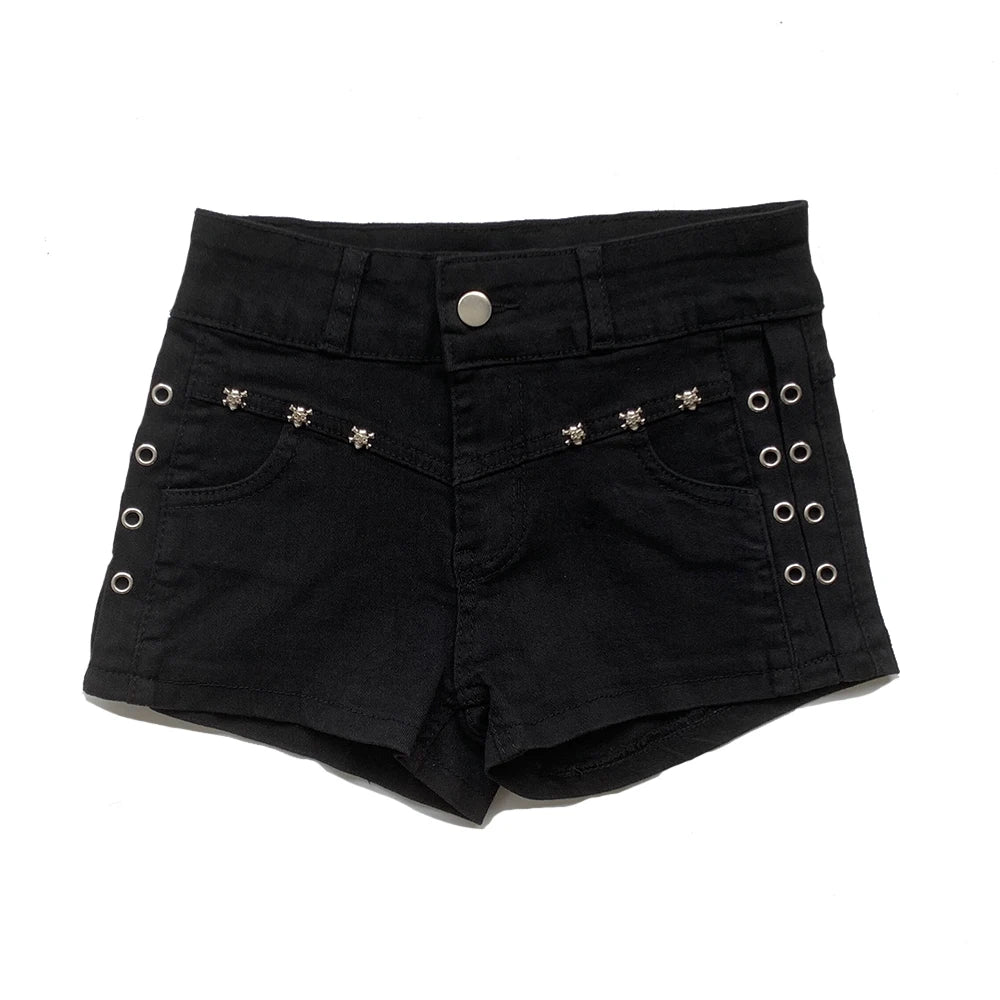 Summer Black Sexy Low Waist Y2K Jean Shorts Women Holiday Punk Gothic Denim Pants Korean Daily Fashion Skinny Strech Shorts+Belt