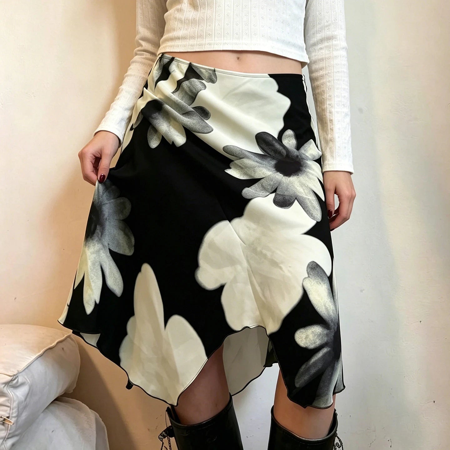 SUCHCUTE Y2K Floral Print Mesh Asymmetrical Skirt Woman Low Rise Midi A-line Skirts Aestheics 2000s Clothing Summer Outfit 2026