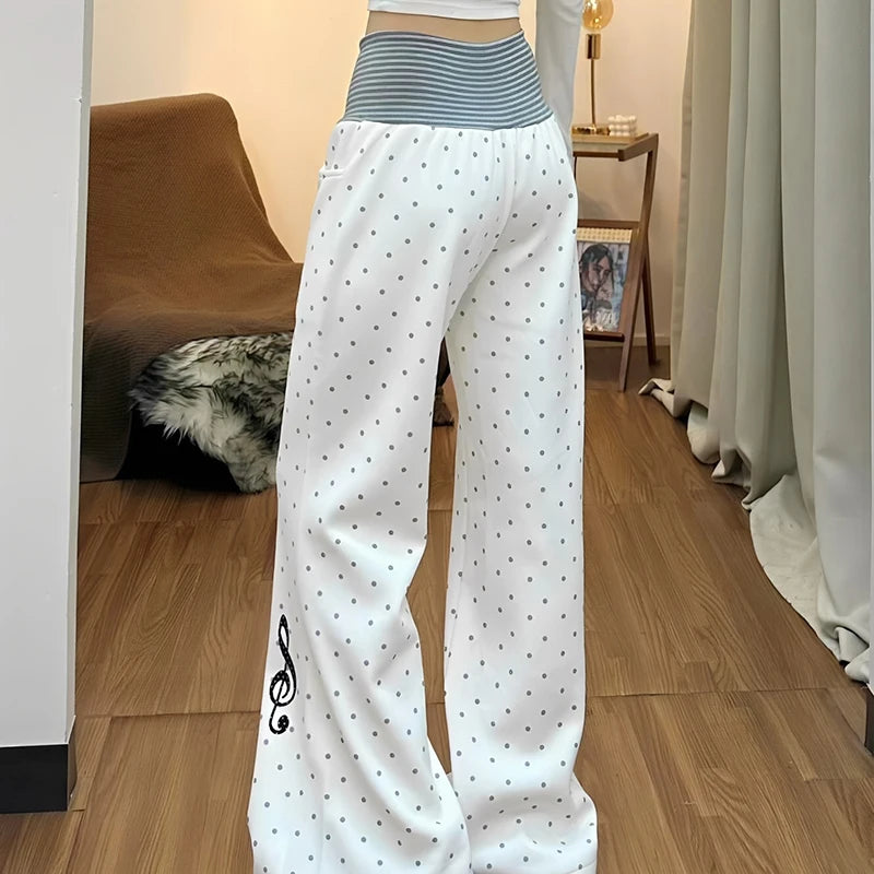 Spring Sports White Polka Dot Printed Micro Flared Pants Casual Comfortable Home Loose Bottoms