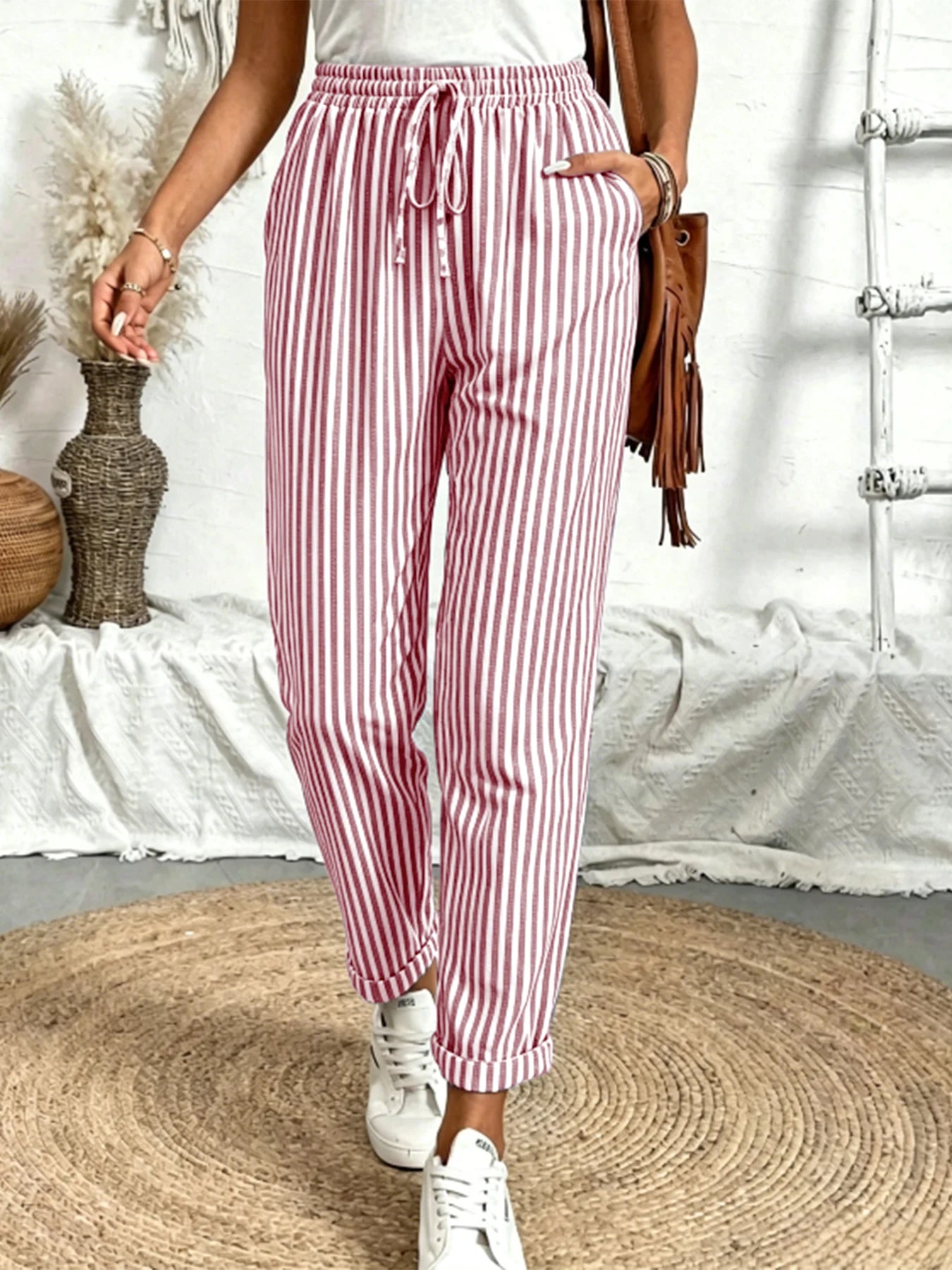 Women Striped Loose Pants 2026 Spring Summer, Elastic Drawstring Waist Wide Leg Casual Trousers, Breathable Soft Streetwear Pant