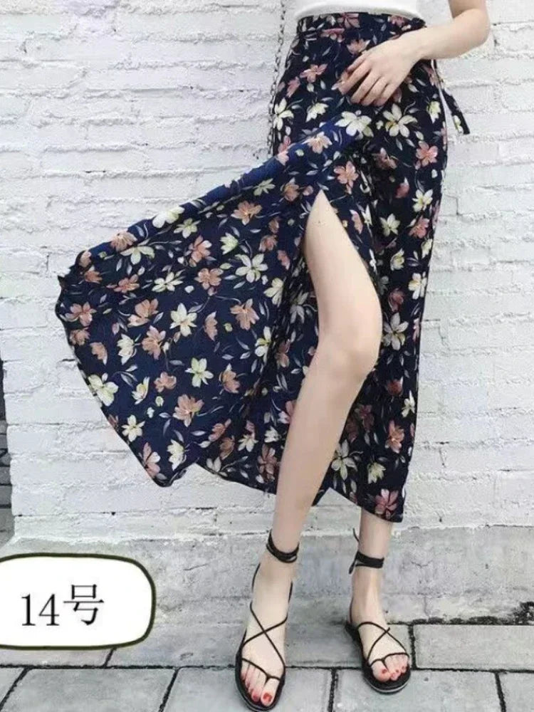 TOKITIND Wrap Skirts Women Casual Chiffon Tie-Waist Ruffle Wide Leg Loose