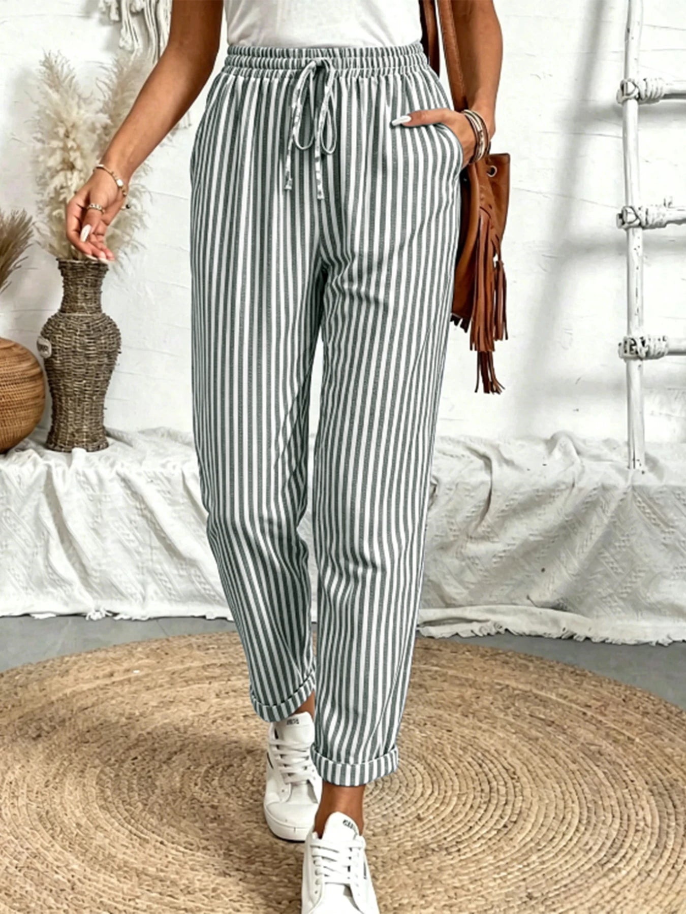 Women Striped Loose Pants 2026 Spring Summer, Elastic Drawstring Waist Wide Leg Casual Trousers, Breathable Soft Streetwear Pant