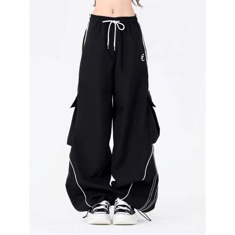 Y2K Black Striped Women Cargo Pants Korean Fashion Wide Leg Baggy Trousers Streetwear Autunm Harajuku Hip Hop Oversized Loose