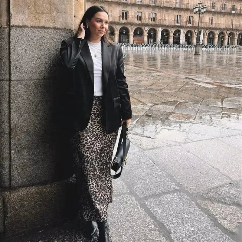 MUJER Leopard Print Satin Skirt Woman Bow Vintage Midi Skirt 2025 Summer Elegant Long Skirts For Women Fashion Women's Skirts