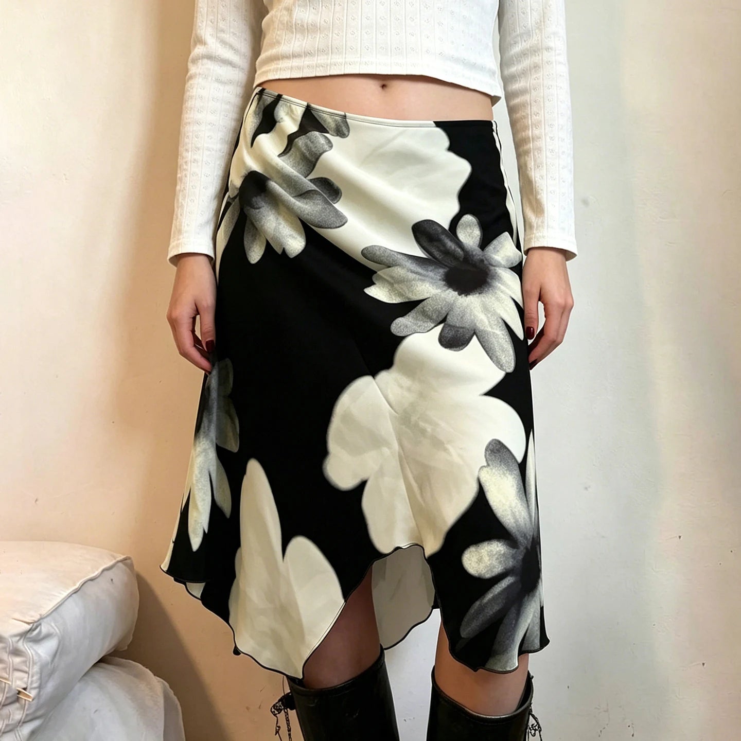 SUCHCUTE Y2K Floral Print Mesh Asymmetrical Skirt Woman Low Rise Midi A-line Skirts Aestheics 2000s Clothing Summer Outfit 2026