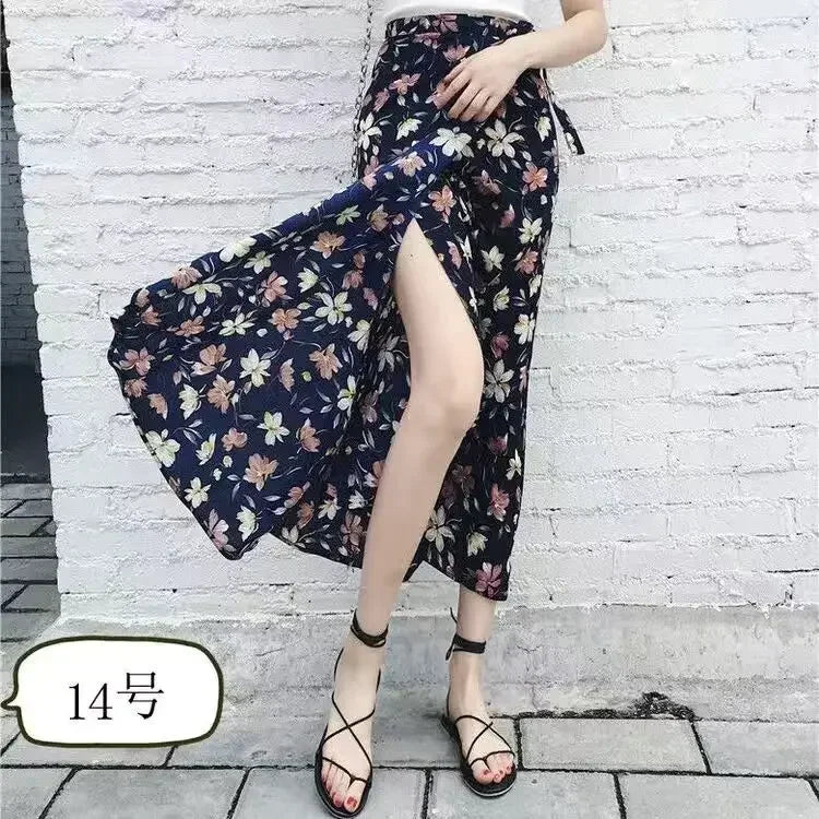 TOKITIND Wrap Skirts Women Casual Chiffon Tie-Waist Ruffle Wide Leg Loose