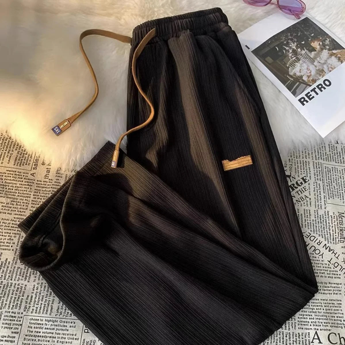Solid Women's Straight Pants Elastic Waist Drawstring Pocket Retro High Waisted Sports Clothes Ladies' Loose Commuting Trouser