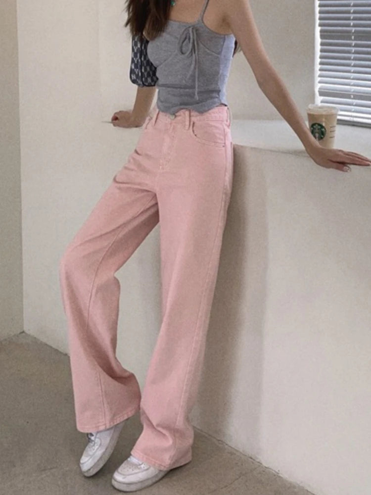 High Waist Slim Wide Leg Straight Long Pants 2026 Spring Autumn New Trendy Pink Women Jeans Casual Daily Wear Trousers