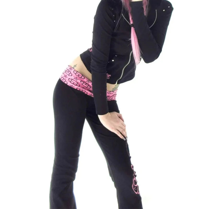 Retro Hot Girl Black Pink Contrast Low Waist Flared Pants Printed Slim Fit Bell Bottoms Millennium Style Streetwear Trousers