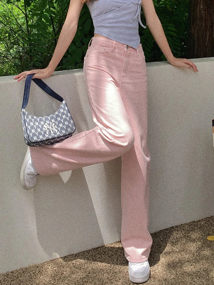 High Waist Slim Wide Leg Straight Long Pants 2026 Spring Autumn New Trendy Pink Women Jeans Casual Daily Wear Trousers